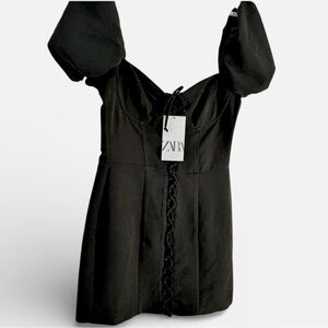 ZARA Black Puff Sleeve Corset Tie Criss Cross Mini Dress Cocktail MEDIUM NWT